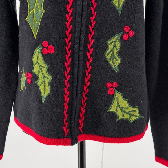 Charter Club Christmas Sweater Womens MP Lambswool Black Holly Embroidery‎ Zip - Picture 6 of 7